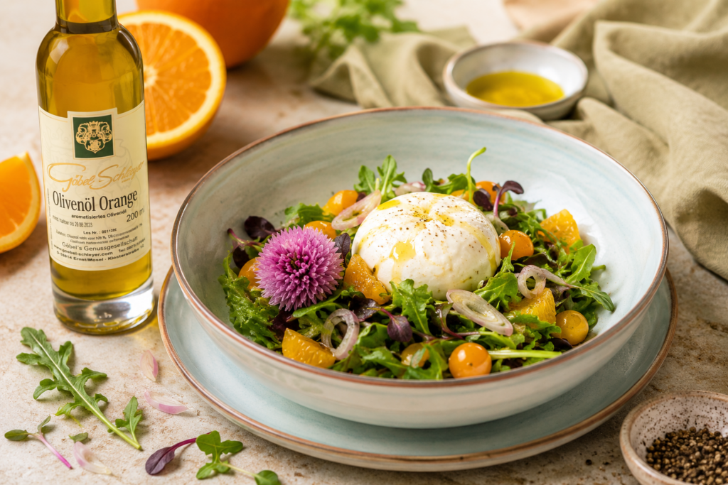Wildkräutersalat mit Burrata, Orangen und Göbel Schleyer Olivenöl Orange